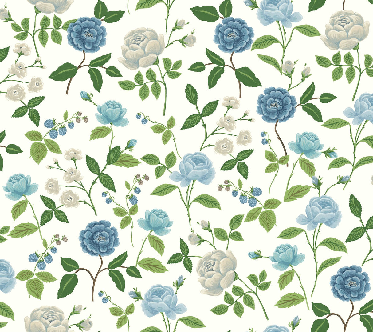 Roses Blue Wallpaper with Botanical Whimsical Floral Pattern - York RF7543