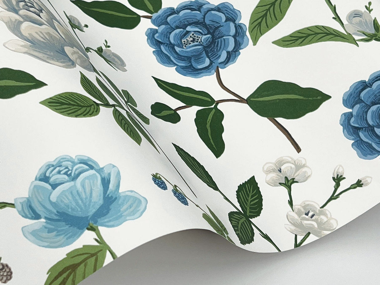 Roses Blue Wallpaper with Botanical Whimsical Floral Pattern - York RF7543