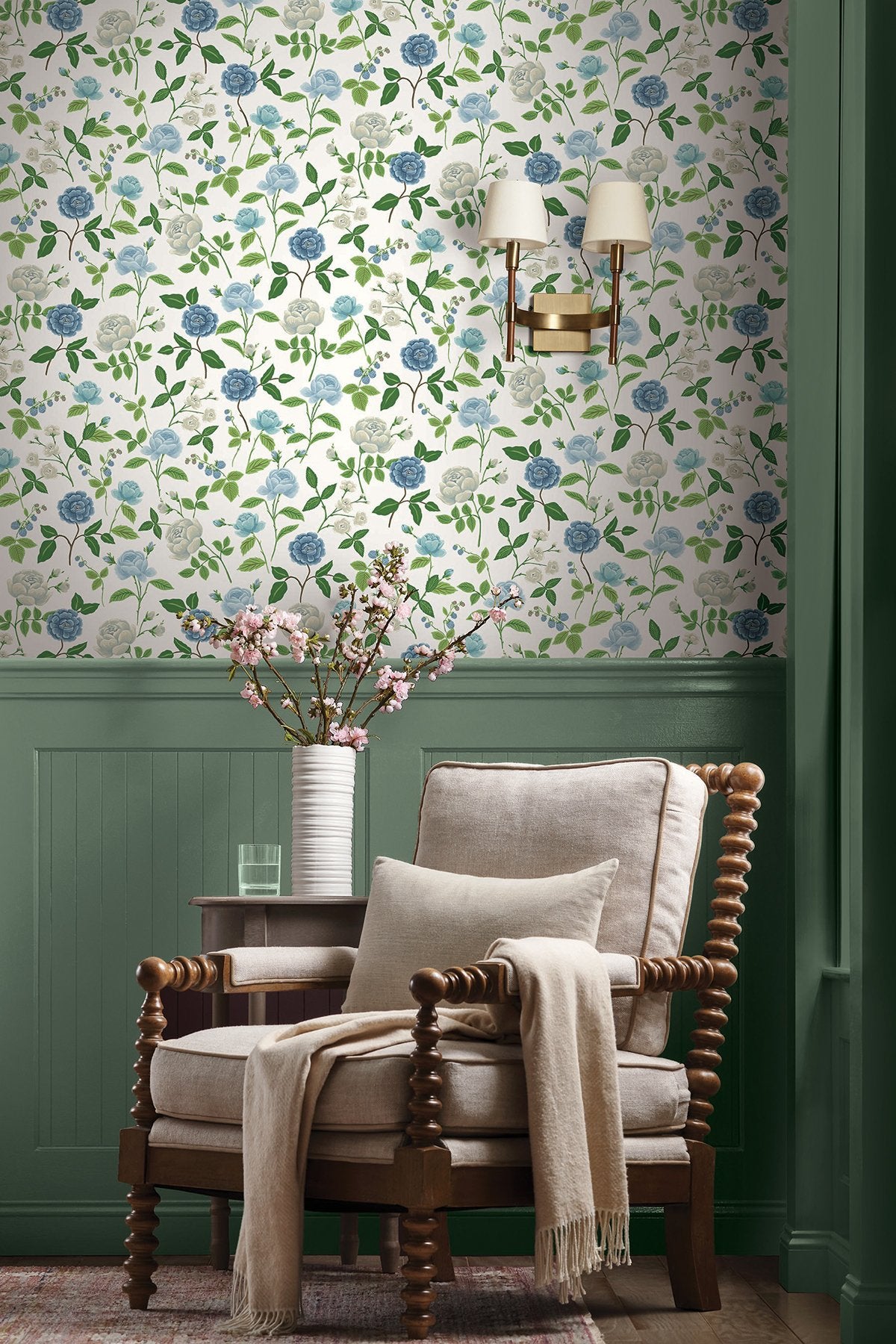 Roses Blue Wallpaper with Botanical Whimsical Floral Pattern - York RF7543