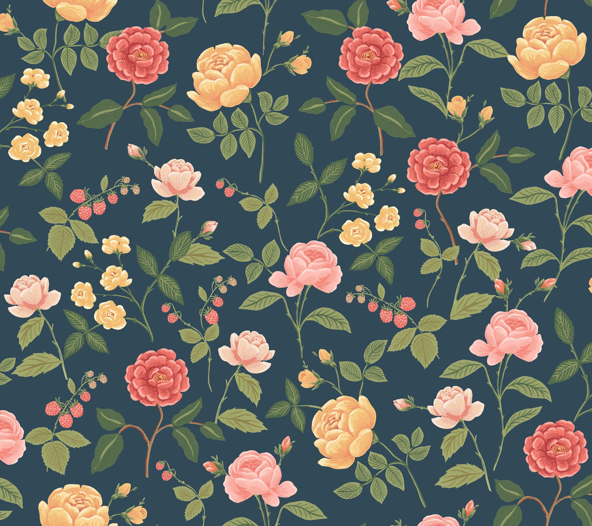 Roses Navy Wallpaper with Botanical Whimsical Pattern - York RF7544