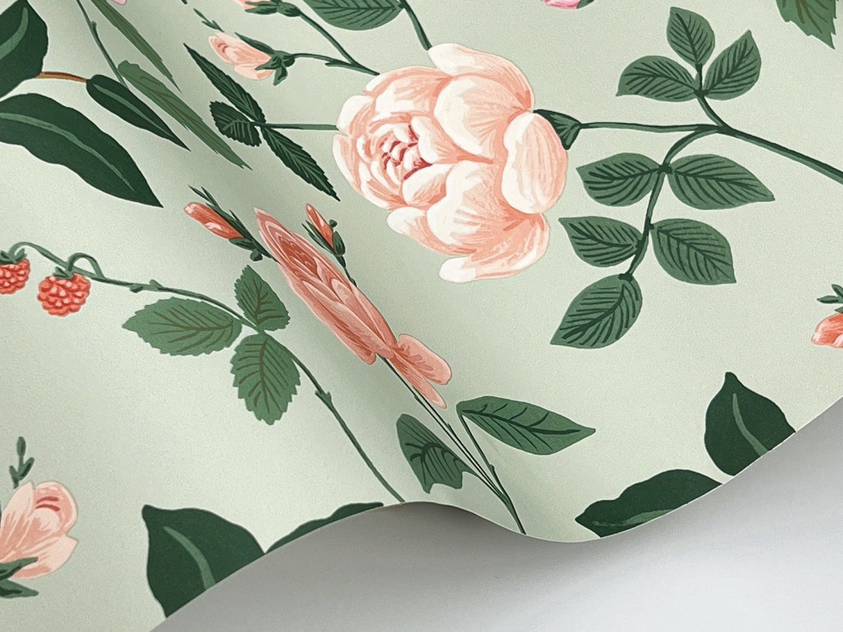 Roses Mint Wallpaper with Botanical Whimsical Floral Pattern - York RF7545
