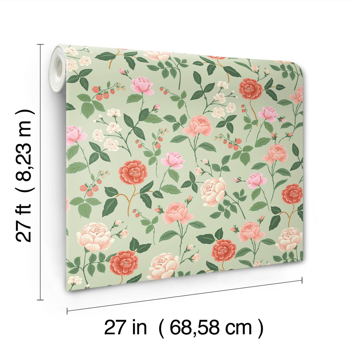 Roses Mint Wallpaper with Botanical Whimsical Floral Pattern - York RF7545