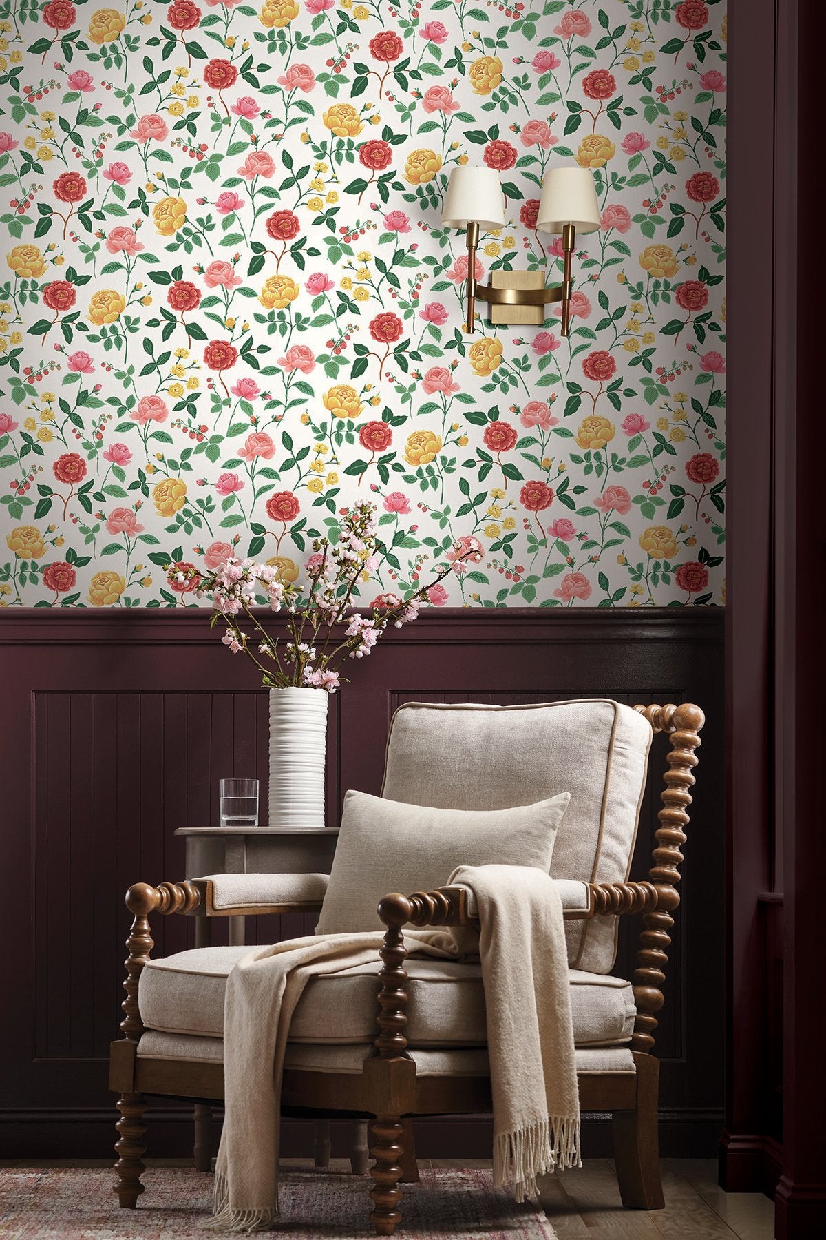 Roses Blush Wallpaper with Botanical Floral Motif, Whimsical Style - York RF7546
