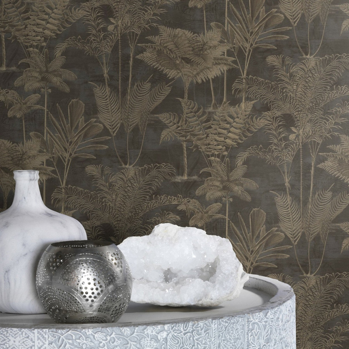 Kinabalu Black Rainforest Wallpaper with Botanical Bohemian Pattern - Rasch RH555165SAM