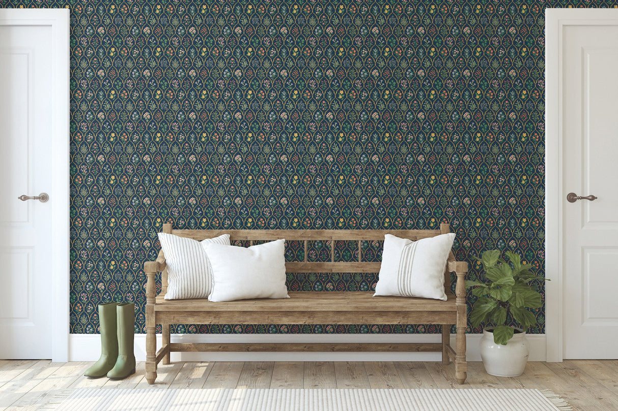 Hawthorne Navy Wallpaper with Botanical Floral Grid - York RI5129