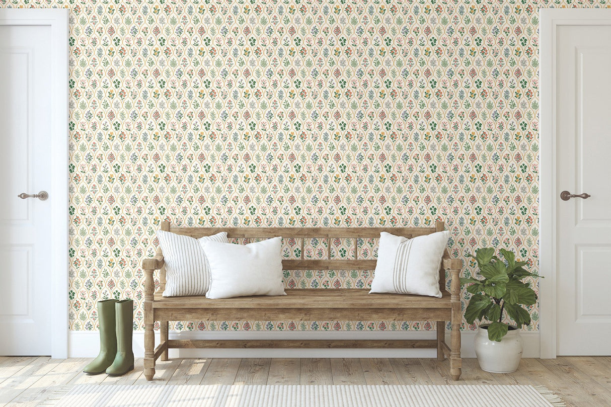 Hawthorne Cream Wallpaper with Botanical Floral Grid - York RI5130