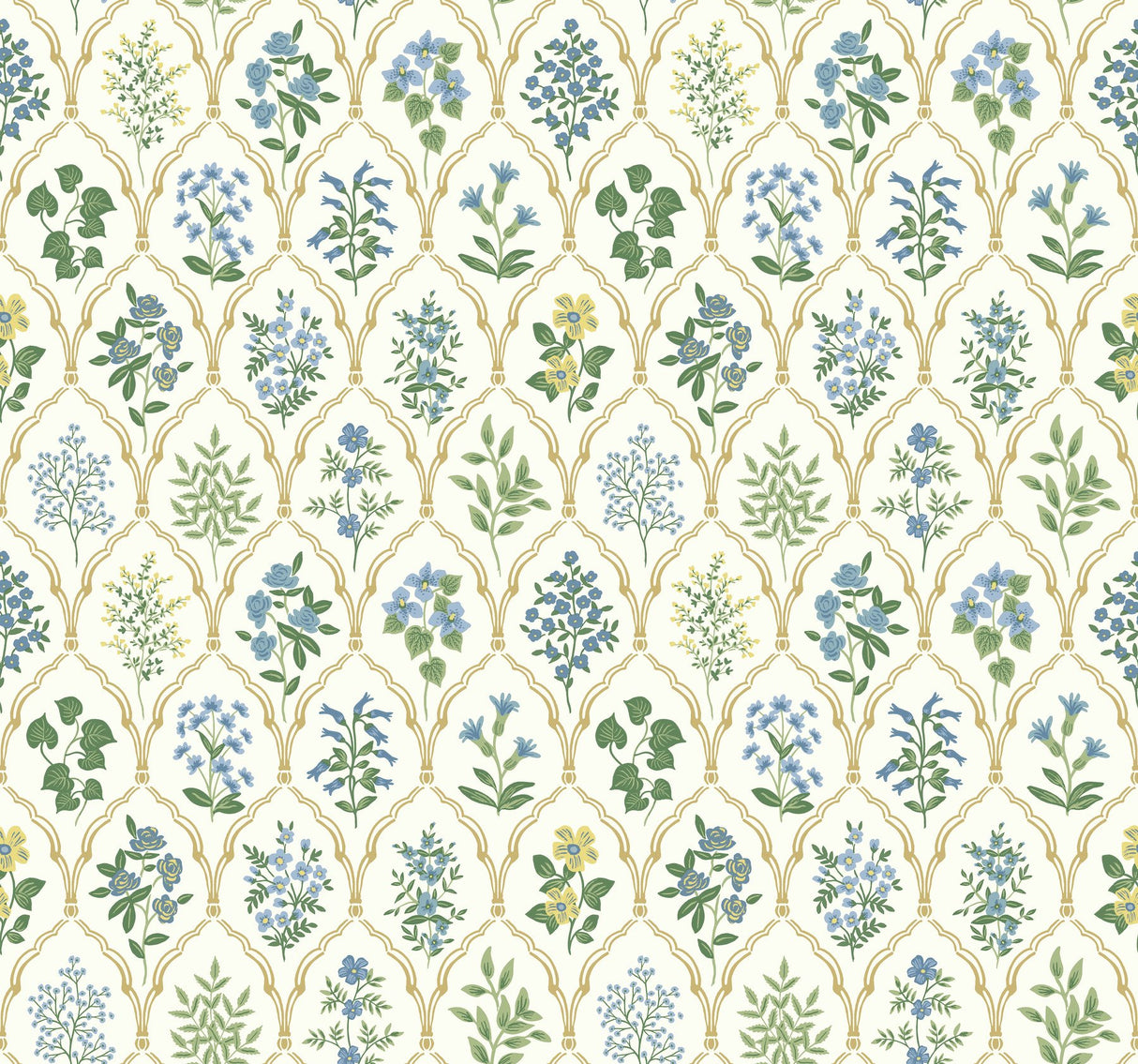 Hawthorne Blue & Green Wallpaper with Botanical Floral Lattice Motif - York RI5132