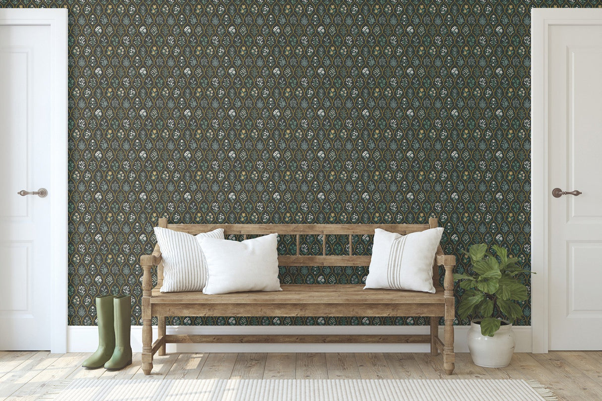Hawthorne Black & Cream Wallpaper with Botanical Floral Grid - York RI5133