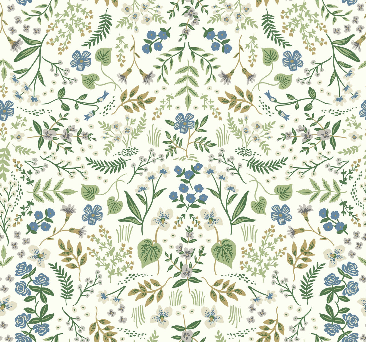 Wildwood Blue & Green Wallpaper with Botanical Floral Pattern, Non Woven Unpasted Straight Match - York RI5155
