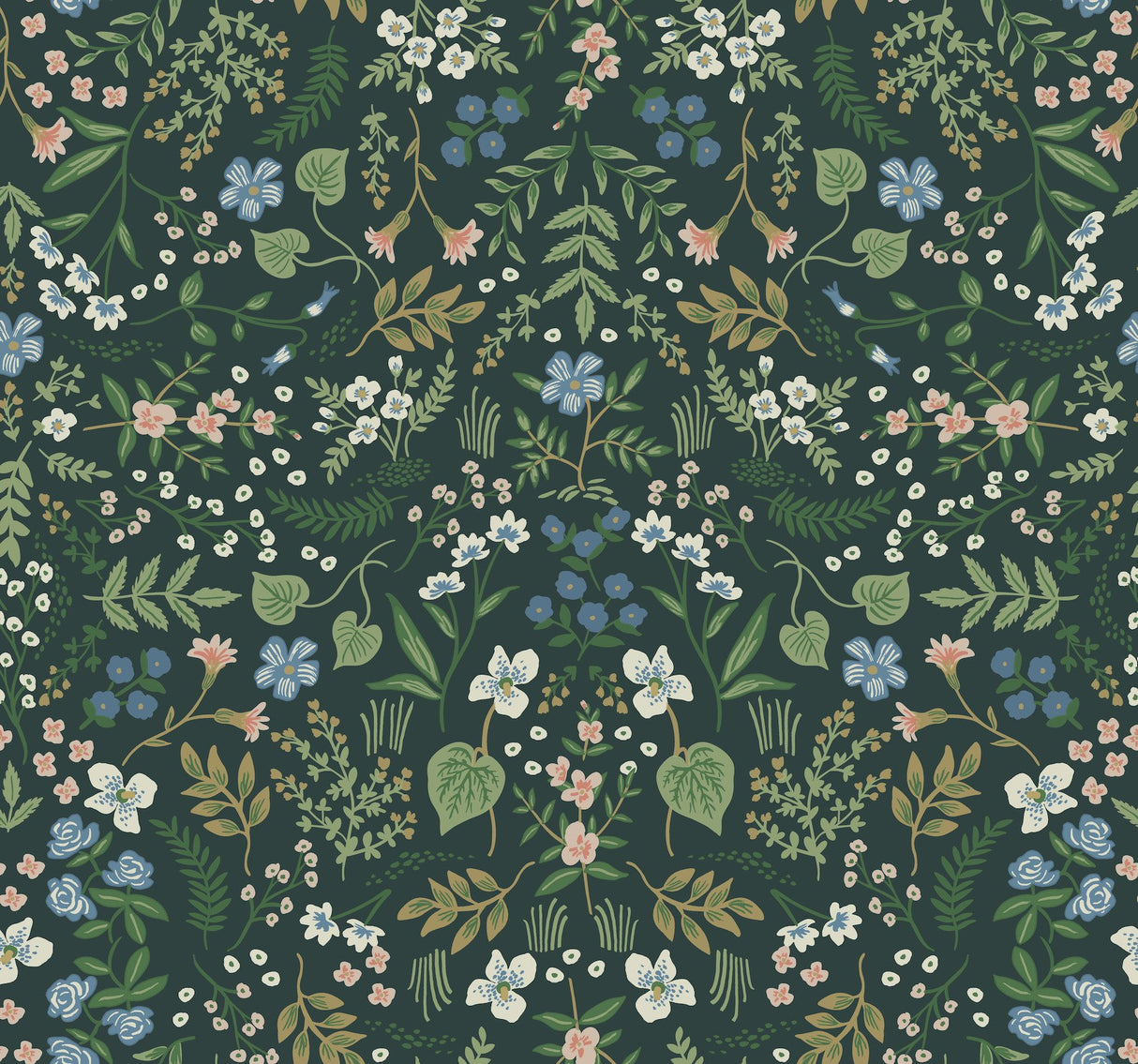 Wildwood Hunter Green Wallpaper with Botanical Floral Pattern, Matte Non-Woven Style - York RI5156