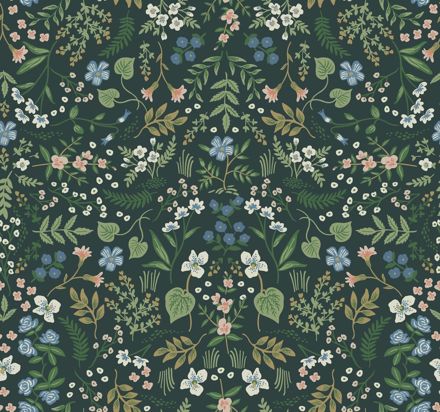 Wildwood Hunter Green Wallpaper with Botanical Floral Pattern, Matte Non-Woven Style - York RI5156