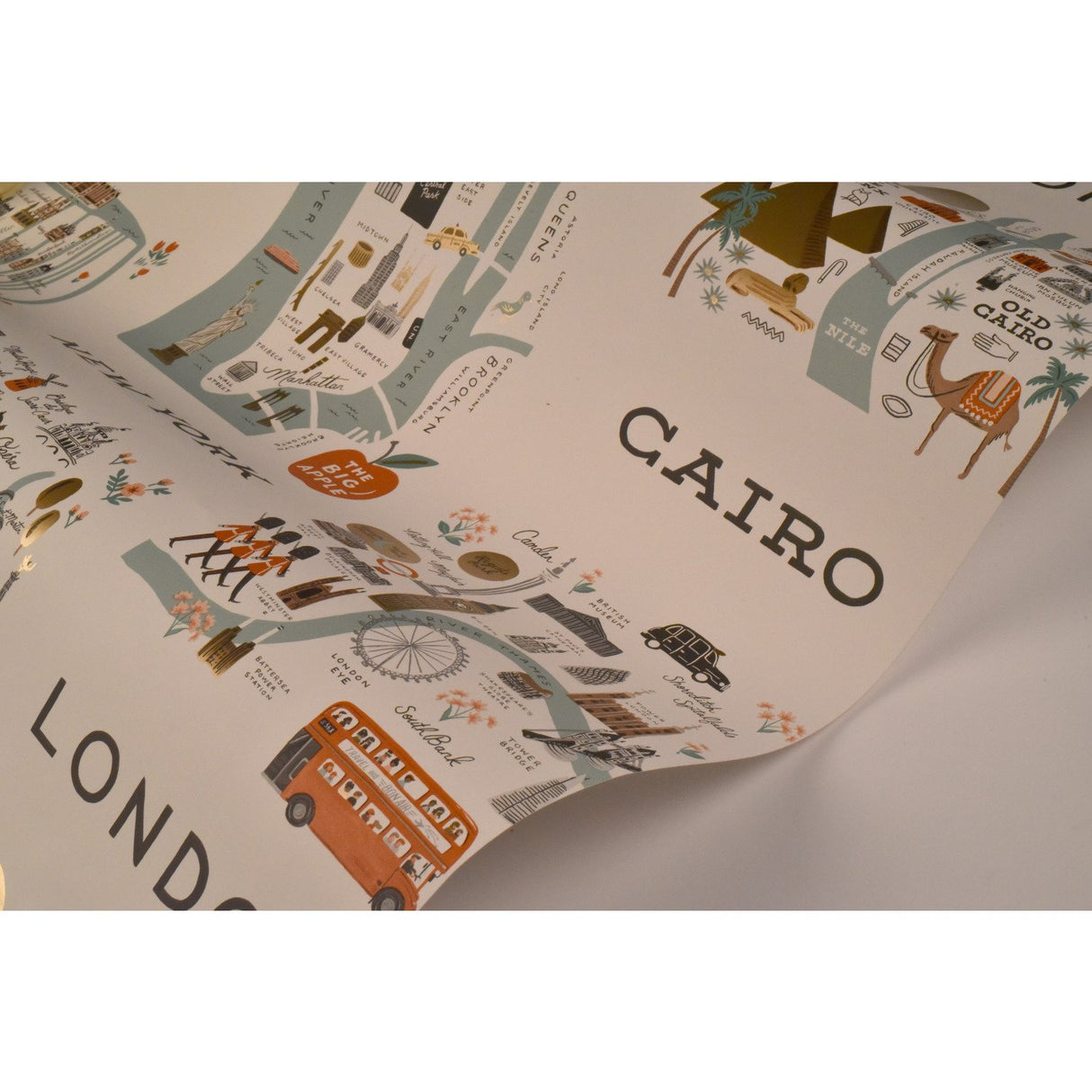 City Maps Mint Metallic Wallpaper with Illustrated World City Motif - York RI5160