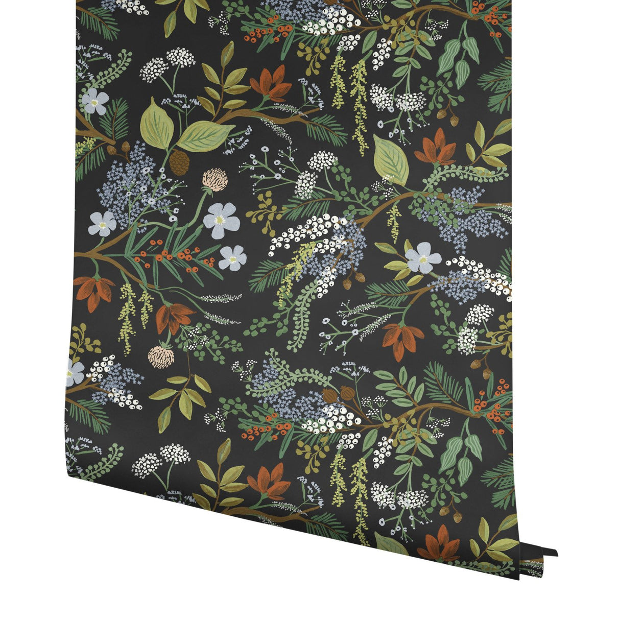 Juniper Forest Black Botanical Wallpaper with Woodsy Berries and Pinecones Motif - York RI5166