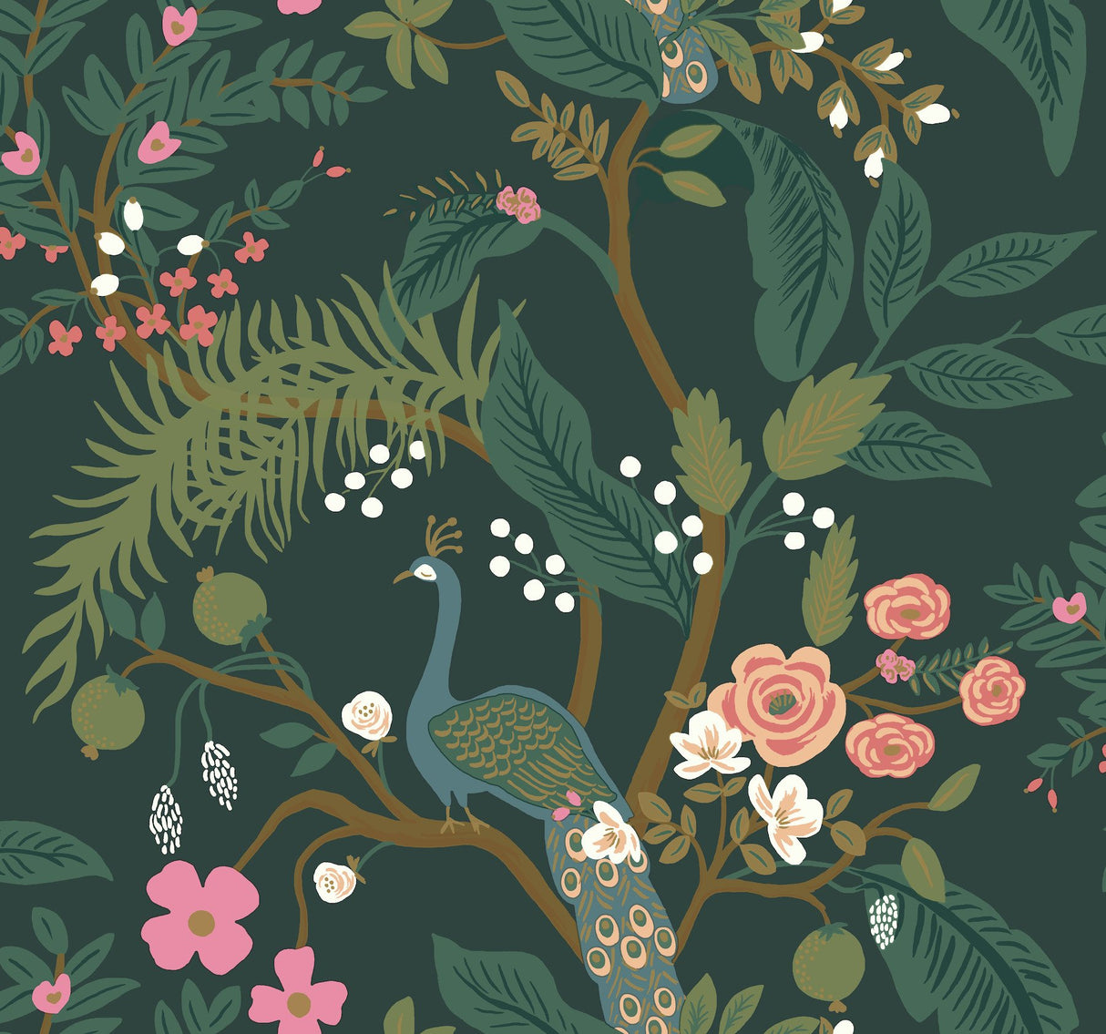 Peacock Emerald Wallpaper with Chinoiserie Peacock and Floral Pattern - York RI5168