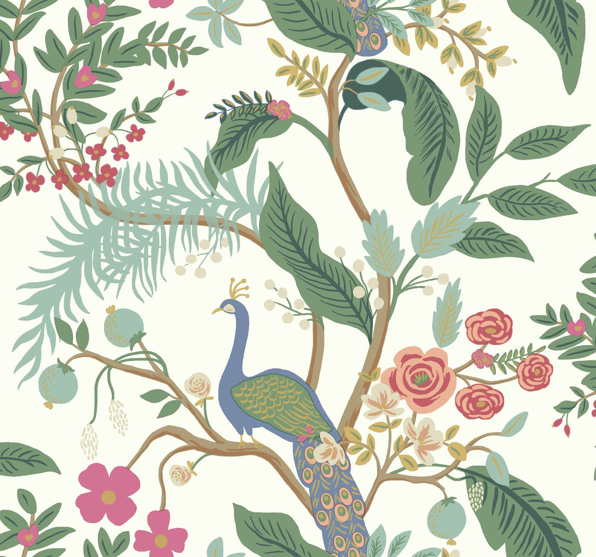 Peacock Periwinkle Wallpaper with Chinoiserie Peacock and Floral Motif - York RI5174