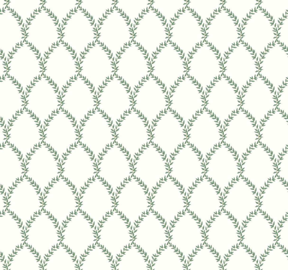 Laurel Green & White Wallpaper with Botanical Leaf Lattice- Rifle Paper Co. RI5178 - York