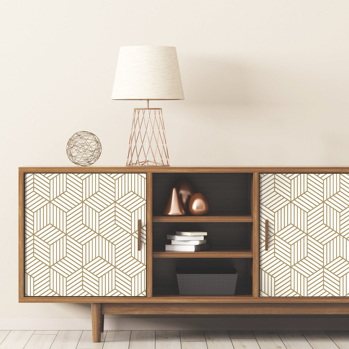 Striped Hexagon White & Gold Peel & Stick Wallpaper with Metallic Geometric Stripes - York RMK10704WP