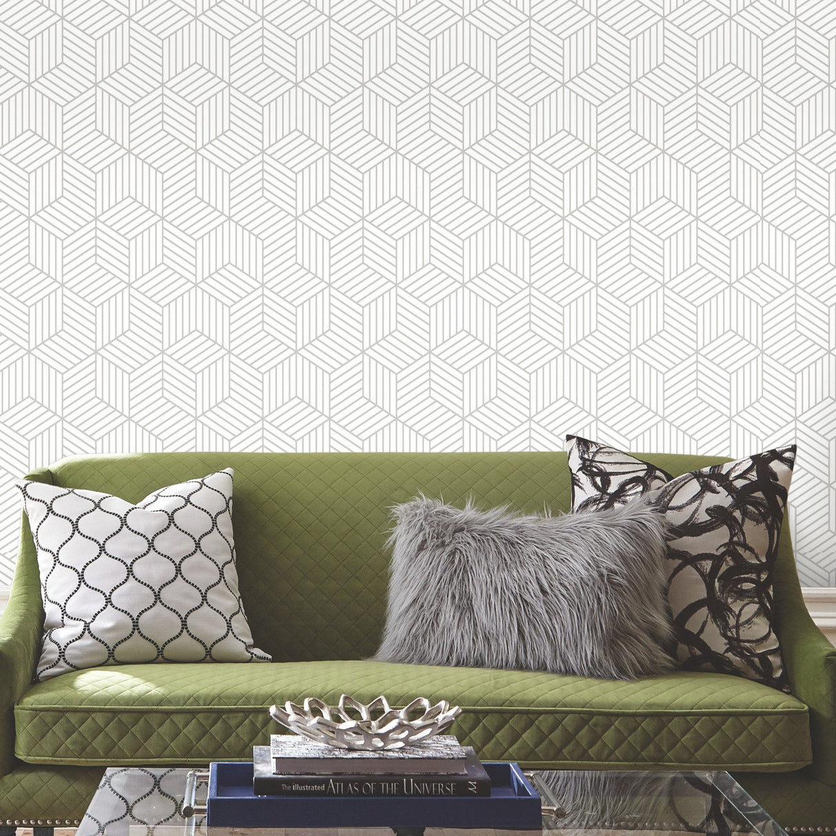 Stripped Hexagon Grey Peel & Stick Wallpaper with Metallic Accents, Modern Global Stripe Geometric - York RMK10705WP