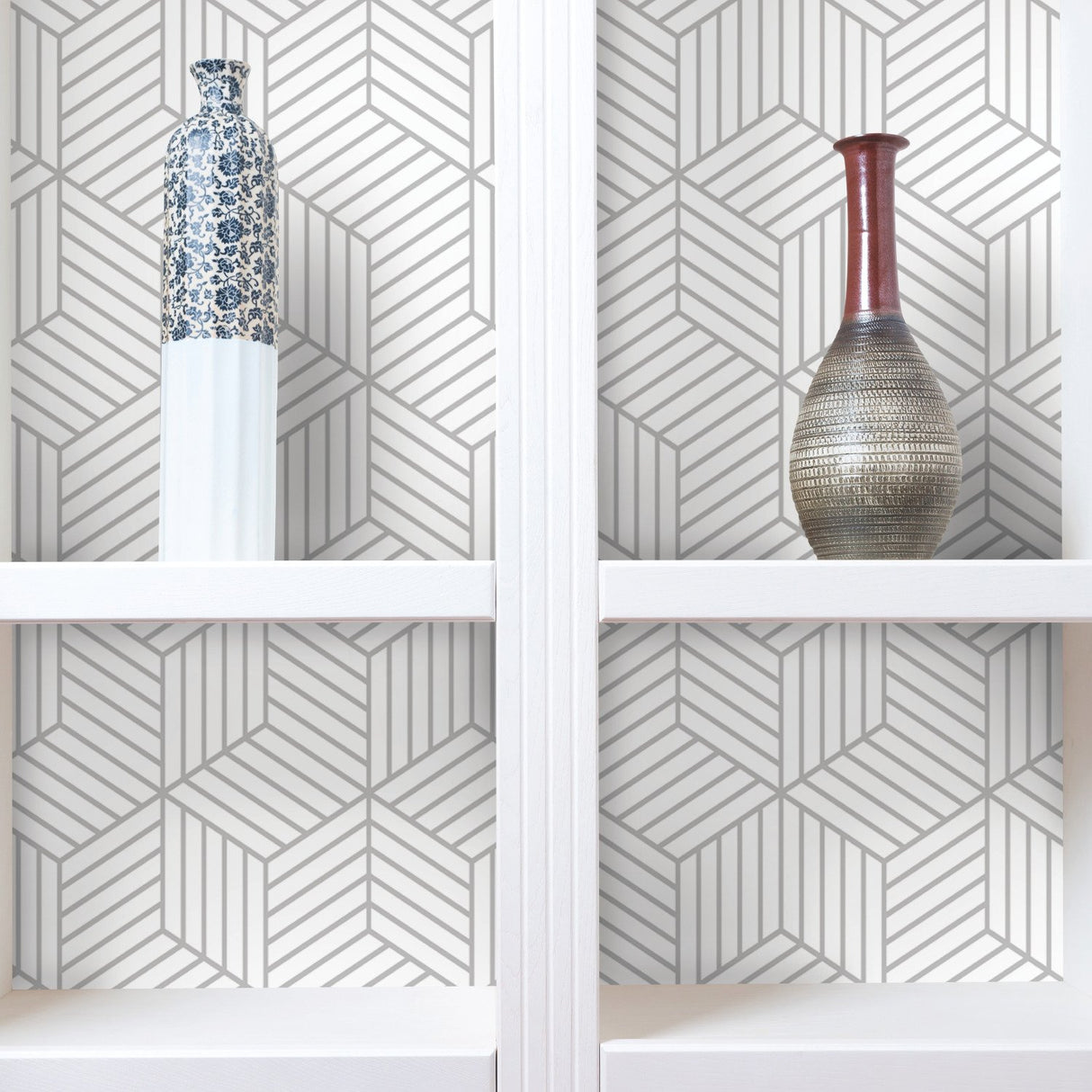 Stripped Hexagon Grey Peel & Stick Wallpaper with Metallic Accents, Modern Global Stripe Geometric - York RMK10705WP