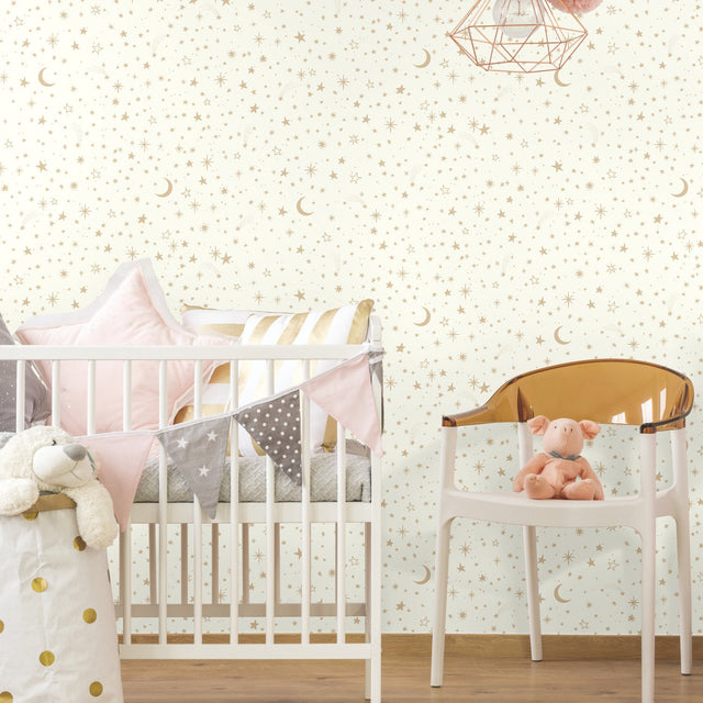 Twinkle Little Star Gold Peel & Stick Wallpaper with Metallic Kids Stars & Outer Space Pattern - York RMK10850WP
