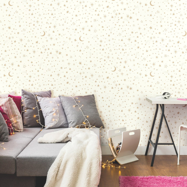 Twinkle Little Star Gold Peel & Stick Wallpaper with Metallic Kids Stars & Outer Space Pattern - York RMK10850WP
