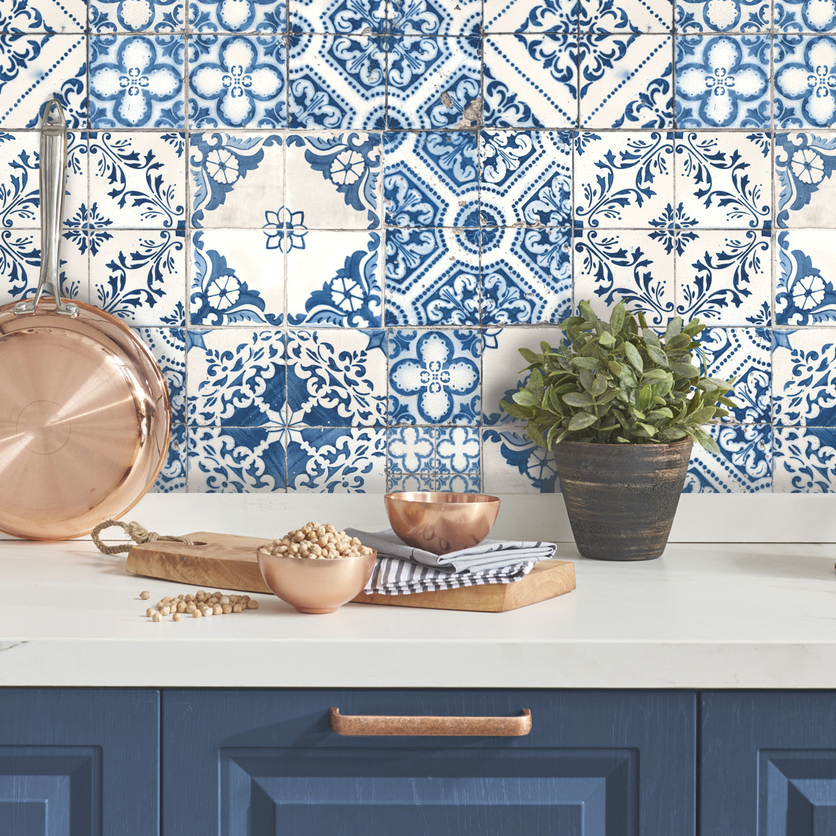 Mediterranean Tile Blue by RoomMates Global Modern Peel and Stick Vinyl Wallpaper, 20.5 In x 16.5 Ft, About 28.2 Sq Ft Coverage RMK11083WPZ