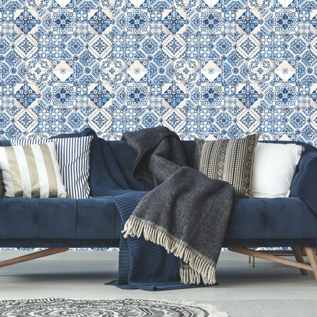 Mediterranean Tile Blue Peel & Stick Wallpaper with Global Modern Tiles Pattern - York RMK11083WP