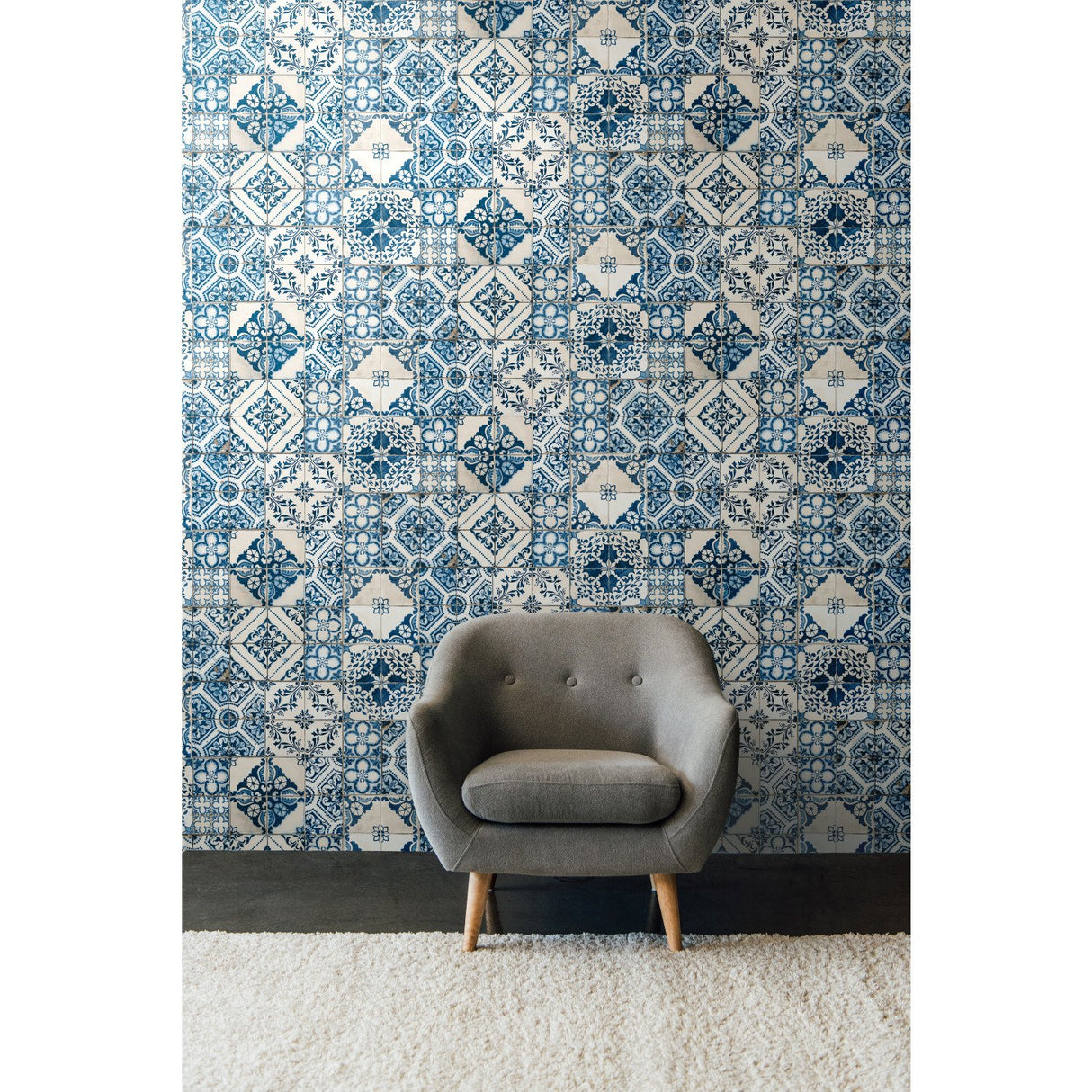 Mediterranean Tile Blue Peel & Stick Wallpaper with Global Modern Tiles Pattern - York RMK11083WP