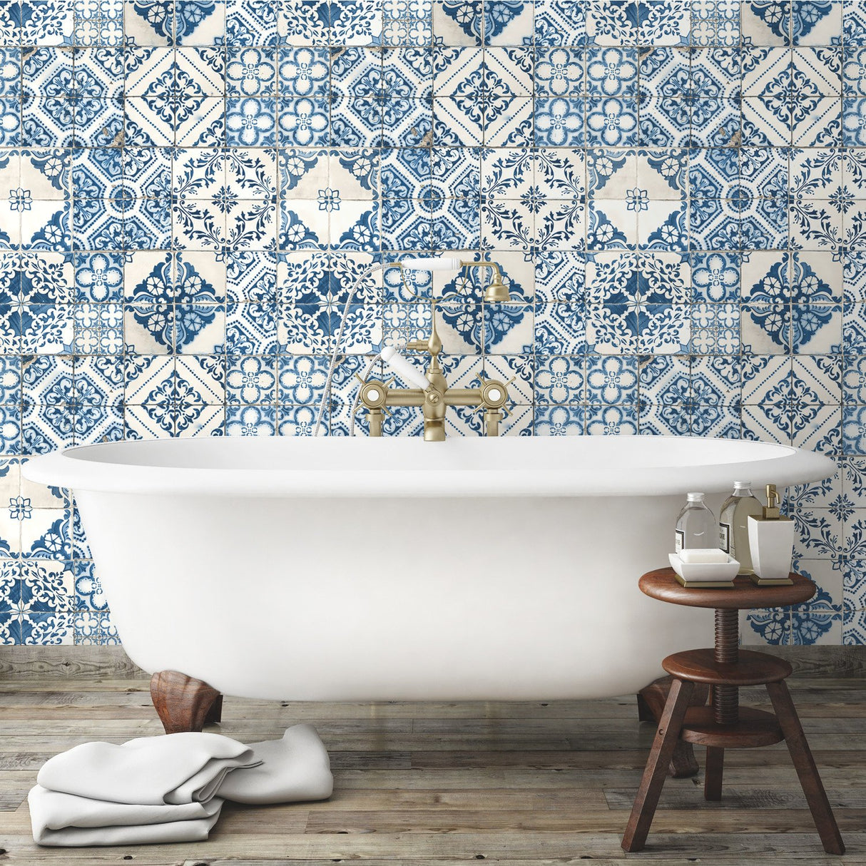 Mediterranean Tile Blue Peel & Stick Wallpaper with Global Modern Tiles Pattern - York RMK11083WP