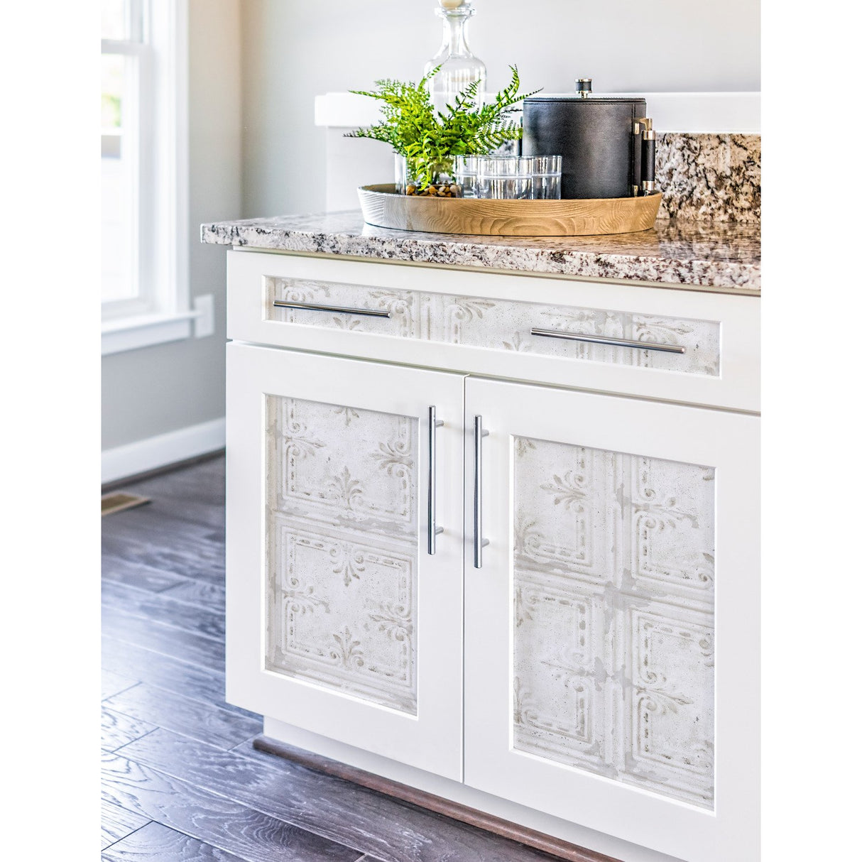 Tin Tile White Peel & Stick Wallpaper with Metallic Industrial Tile Pattern - York RMK11209WP