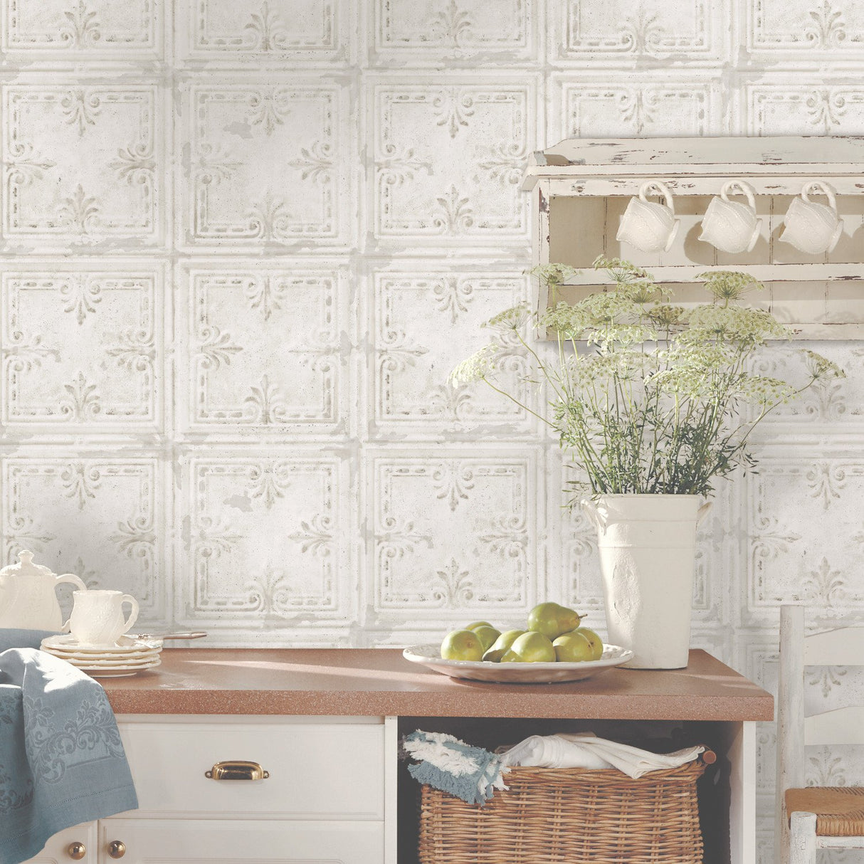 Tin Tile White Peel & Stick Wallpaper with Metallic Industrial Tile Pattern - York RMK11209WP
