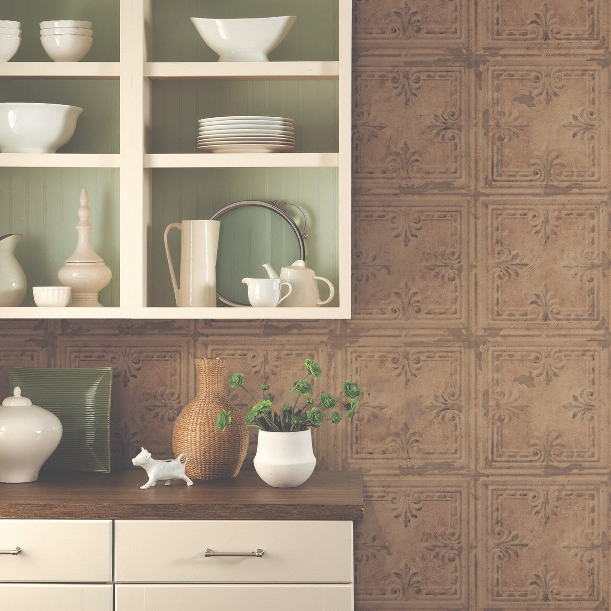 Copper Tin Tile Copper Peel & Stick Wallpaper with Metallic Industrial Tile Pattern - York RMK11231WP
