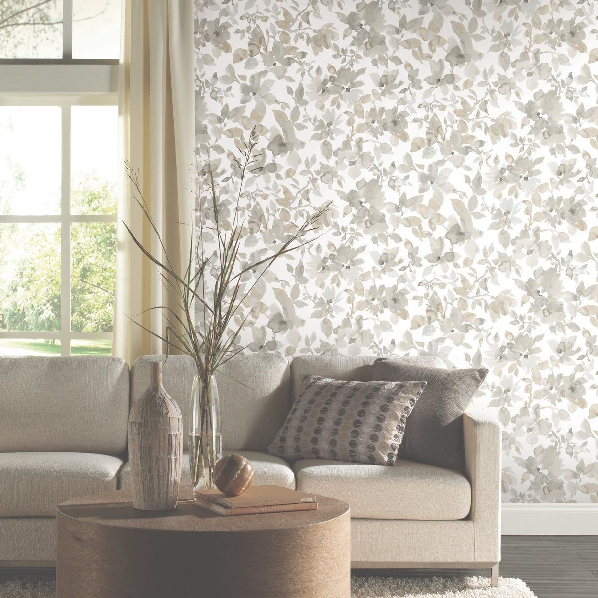 Watercolor Floral Tan Peel & Stick Wallpaper with Botanical Floral Pattern, Transitional Style - York RMK11235WP