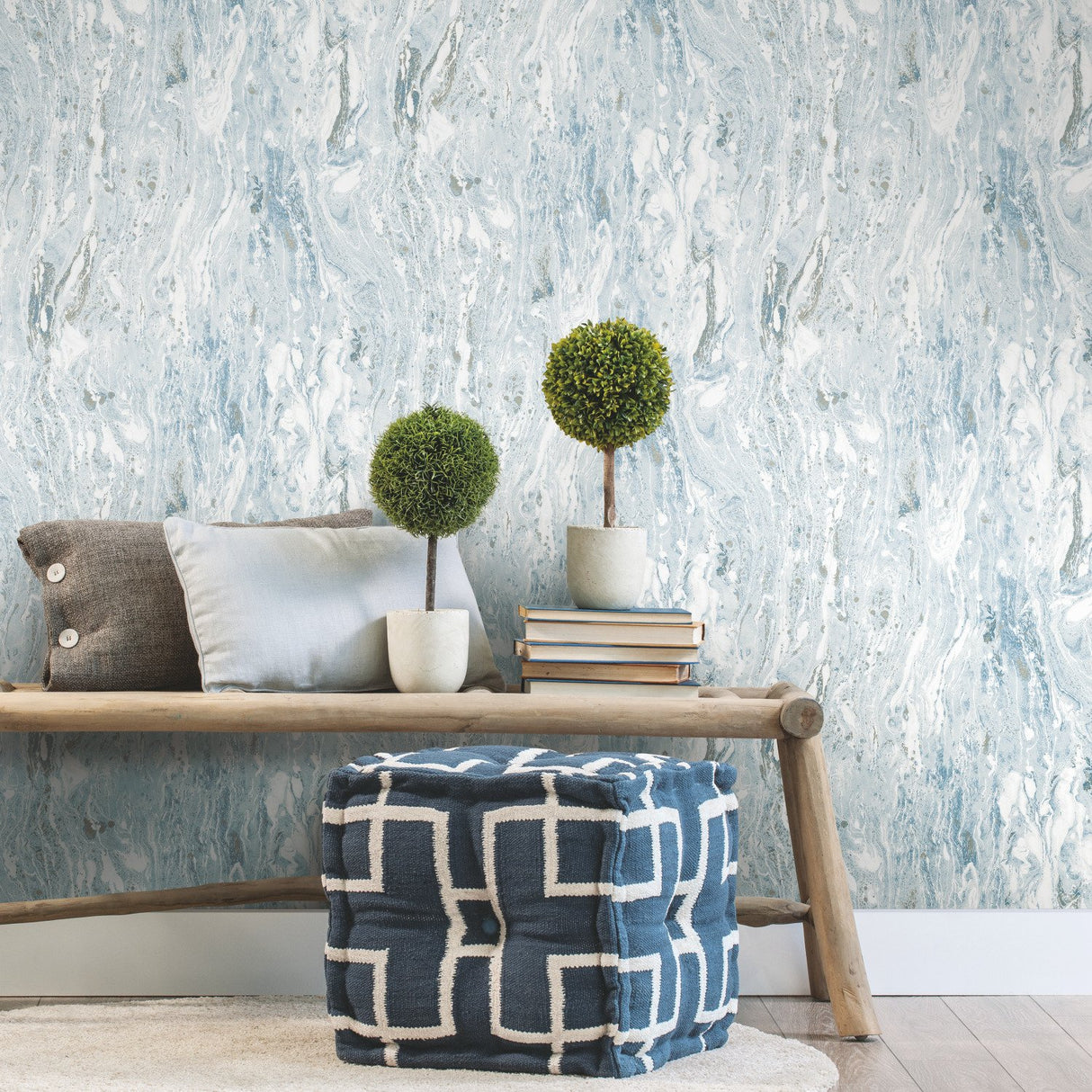 Marble Seas Blue Peel & Stick Wallpaper with Metallic Accents, Abstract Texture Pattern, Modern - York RMK11279WP