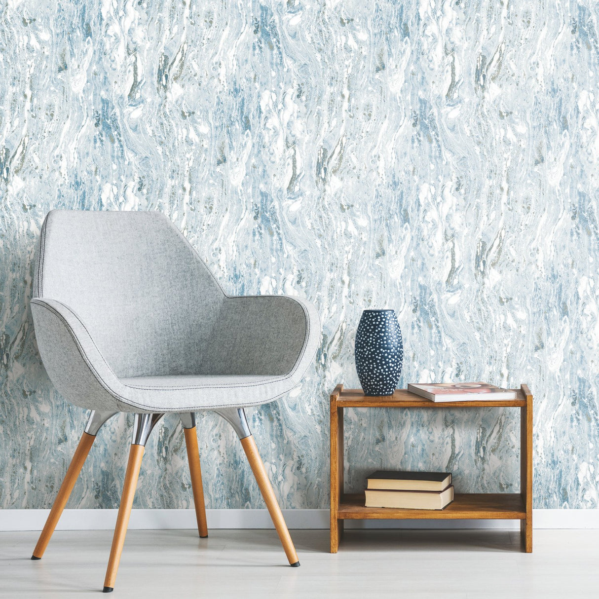 Marble Seas Blue Peel & Stick Wallpaper with Metallic Accents, Abstract Texture Pattern, Modern - York RMK11279WP