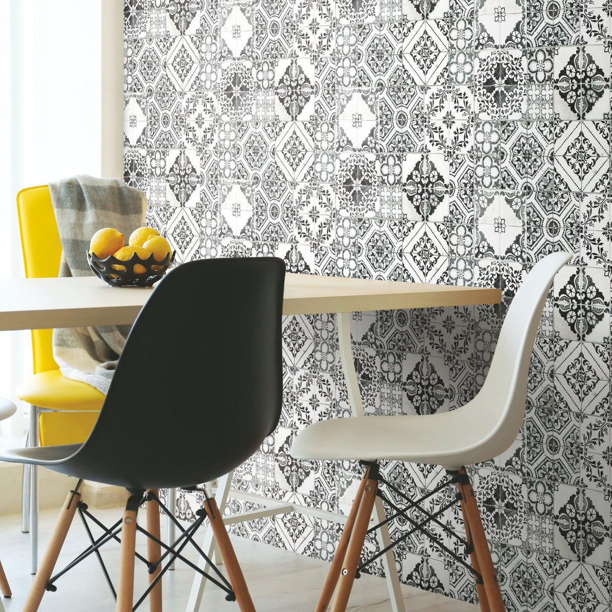Mediterranean Tile Black Peel & Stick Wallpaper with Global Tiles Pattern, Modern Style - York RMK11282WP