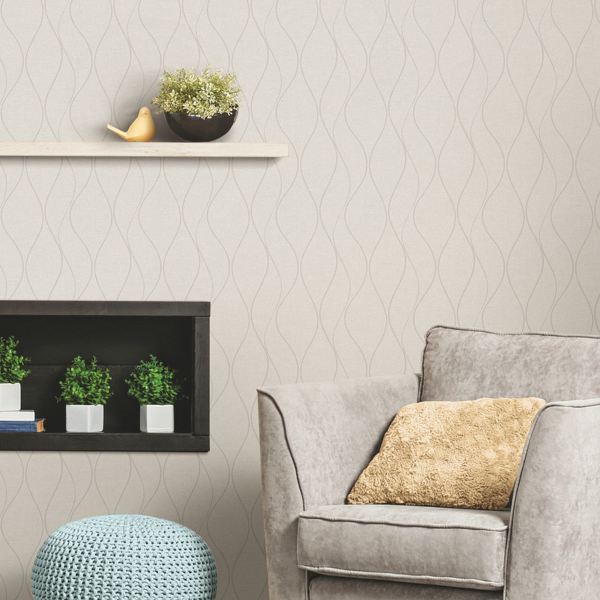 Wave Ogee Beige Peel & Stick Wallpaper with Metallic Geometric Pattern - RoomMates RMK11292WP
