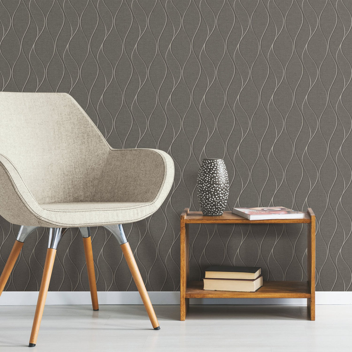 Wave Ogee Grey Peel & Stick Wallpaper with Metallic Geometric Motif - York RMK11294WP