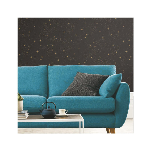 Upon A Star Black Peel & Stick Wallpaper with Metallic Starry Night Pattern, Whimsical Outer Space Style - York RMK11318WP