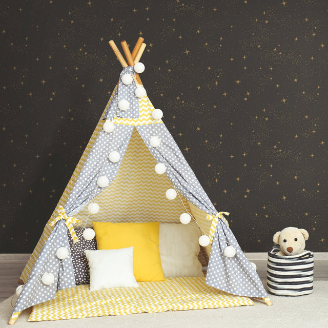 Upon A Star Black Peel & Stick Wallpaper with Metallic Starry Night Pattern, Whimsical Outer Space Style - York RMK11318WP