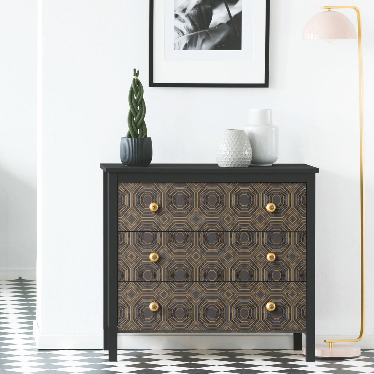Bees Knees Black Metallic Peel & Stick Wallpaper with Geometric Art Deco Pattern - York RMK11324WP