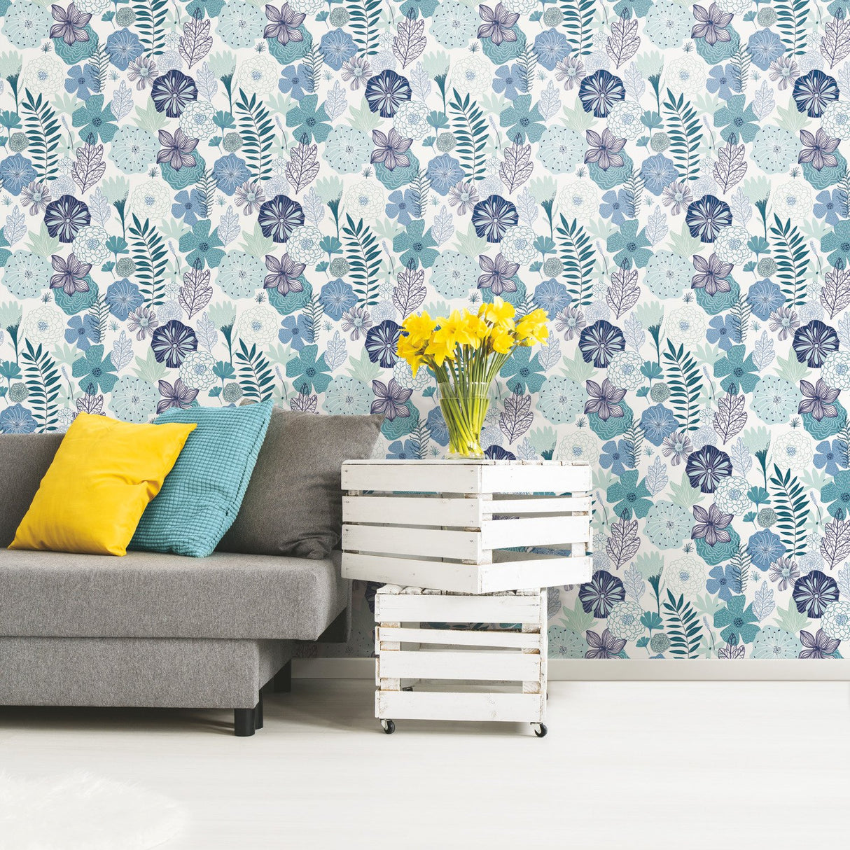 Perennial Blooms Blue Peel & Stick Wallpaper with Modern Botanical Floral Pattern - York RMK11325WP
