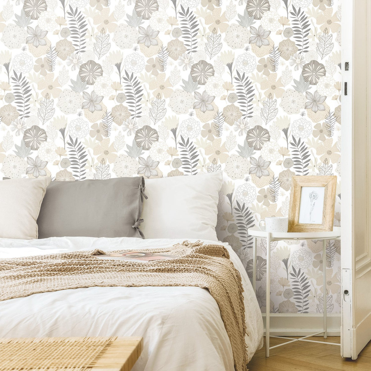 Perennial Blooms Beige Peel & Stick Wallpaper with Modern Botanical Floral Pattern - York RMK11326WP
