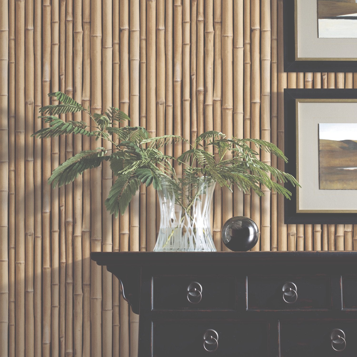 Bamboo Brown Peel & Stick Wallpaper with Vertical Bamboo Motif - RoomMates RMK11434WP