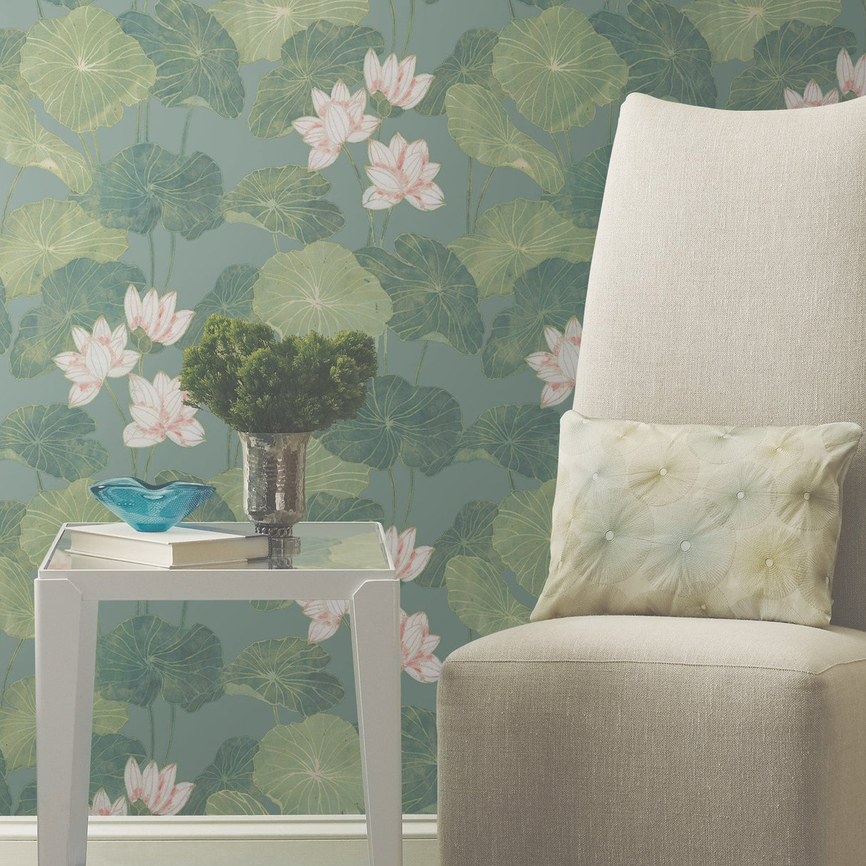 Lily Pad Blue Peel & Stick Wallpaper with Botanical Leaves Pattern, Modern Style - RoomMates RMK11436WP