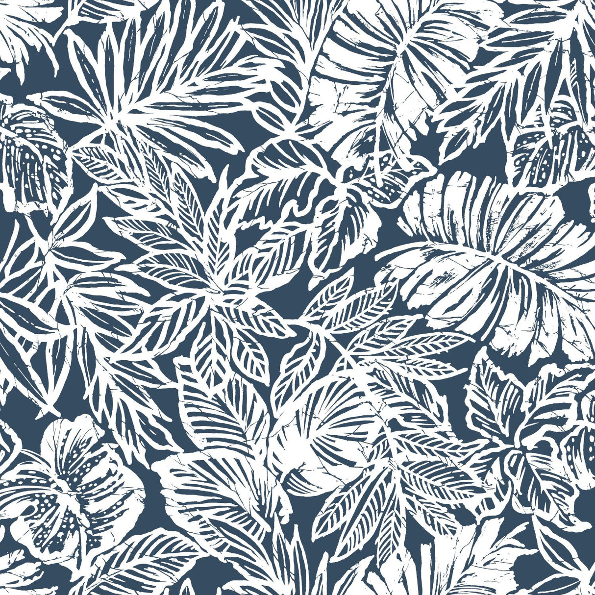 Batik Tropical Leaf Blue Peel & Stick Wallpaper with Tropical Botanical Leaves Pattern - York RMK11437WP