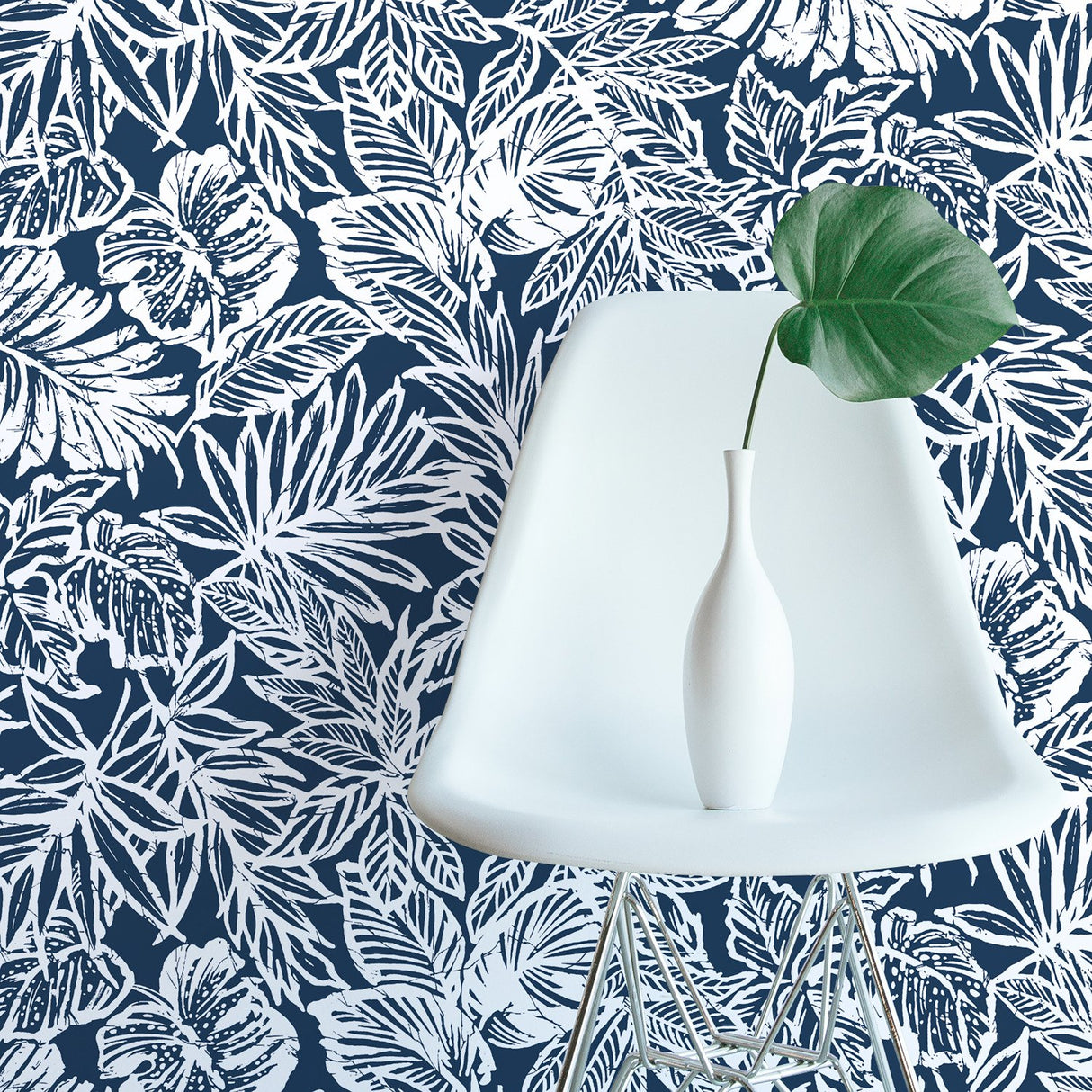 Batik Tropical Leaf Blue Peel & Stick Wallpaper with Tropical Botanical Leaves Pattern - York RMK11437WP