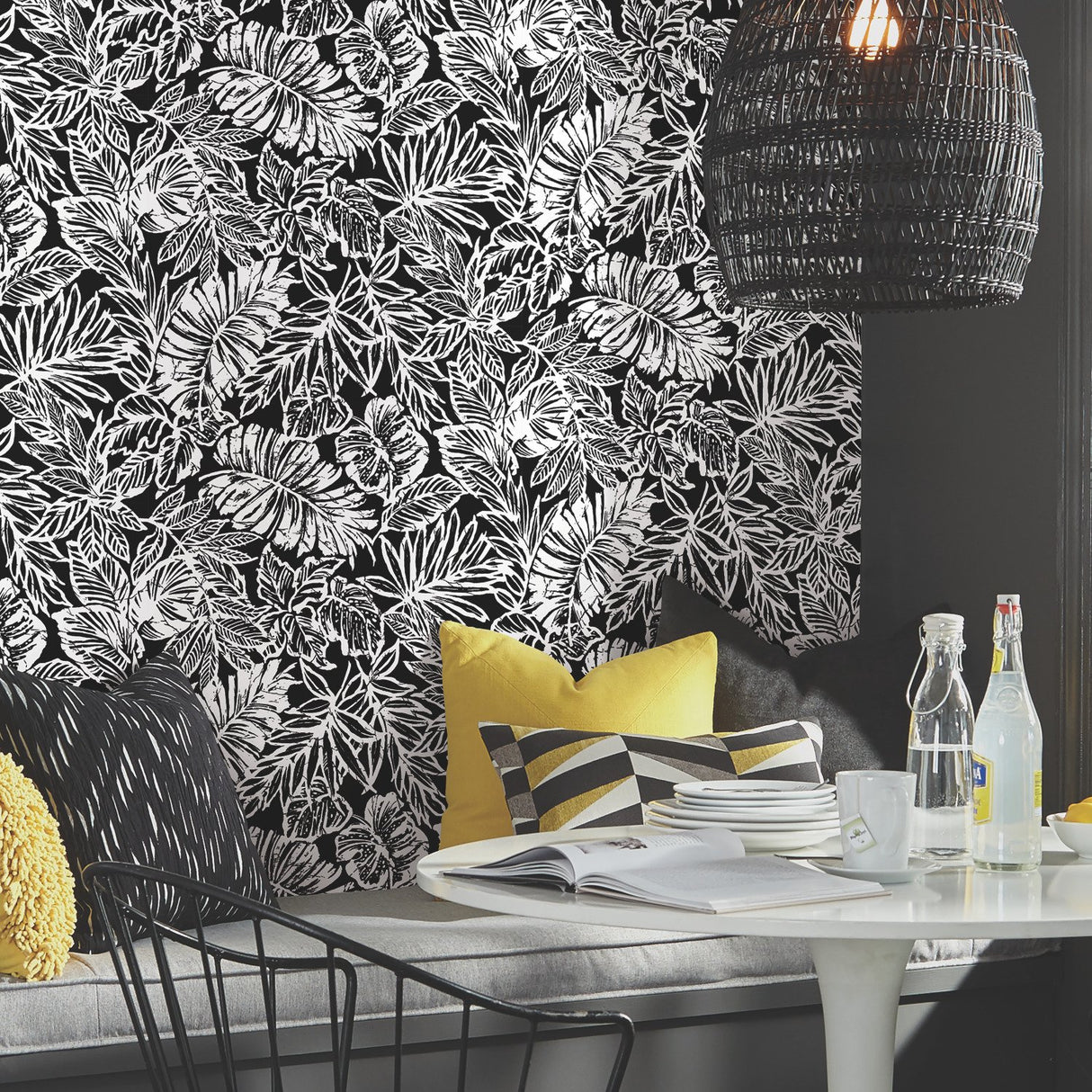 Batik Tropical Leaf Black Peel & Stick Wallpaper with Botanical Tropical Leaves Pattern - York RMK11439WP