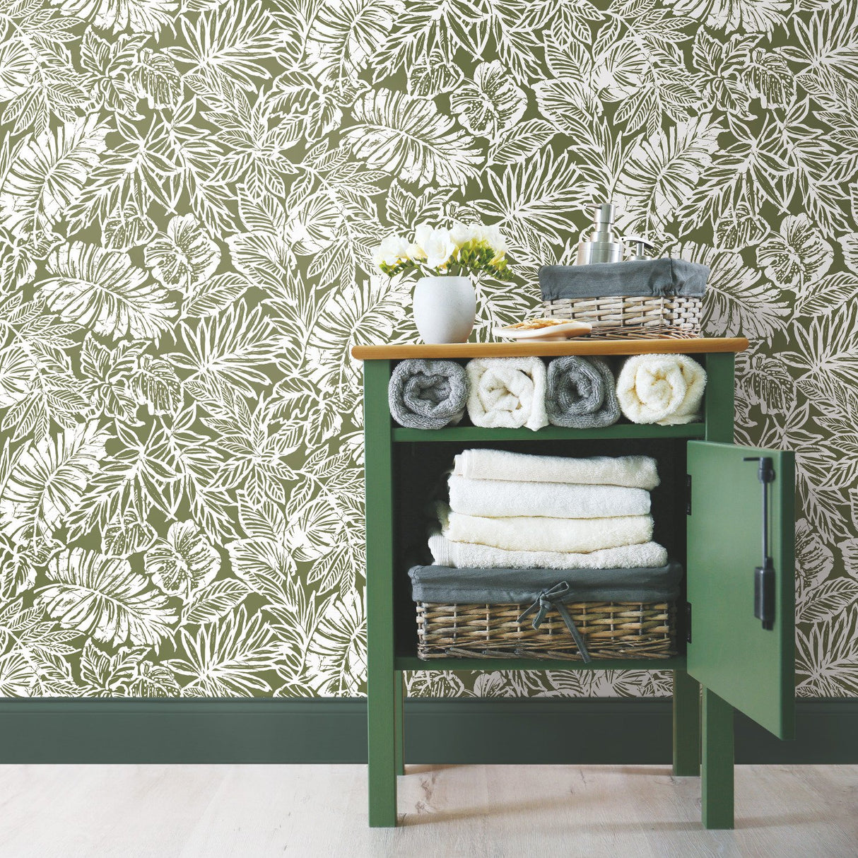 Batik Tropical Leaf Green Peel & Stick Wallpaper