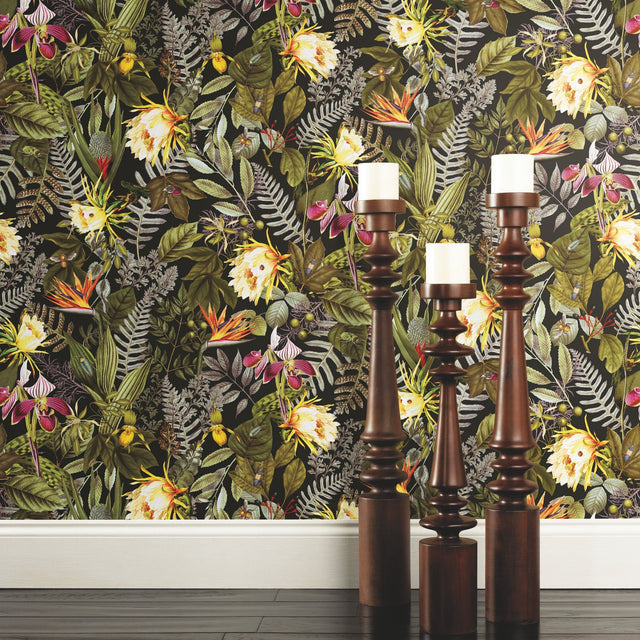 Tropical Flowers Green Peel & Stick Wallpaper with Botanical Floral Pattern - RoomMates RMK11450WP